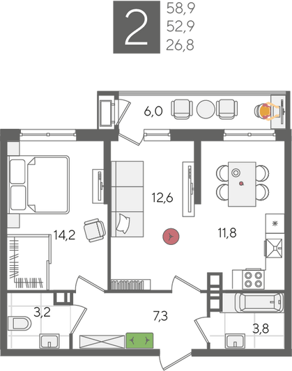 Продажа 2-комнатной квартиры 58,9 м², 3/24 этаж