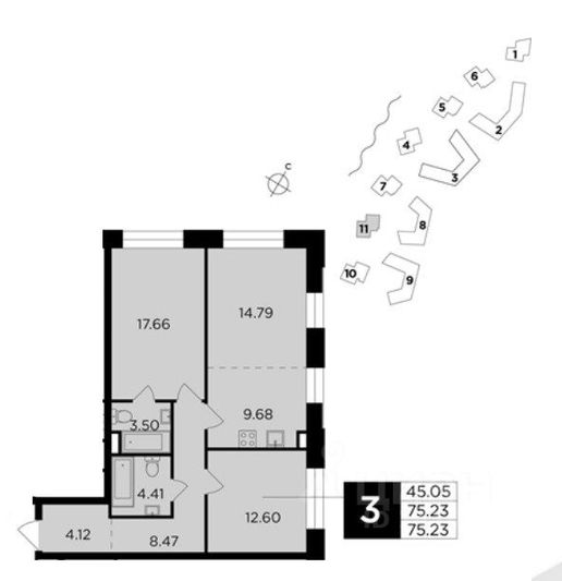 Продажа 3-комнатной квартиры 75,2 м², 9/17 этаж