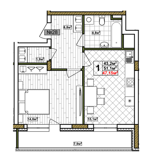 Продажа 1-комнатной квартиры 47,2 м², 5/17 этаж