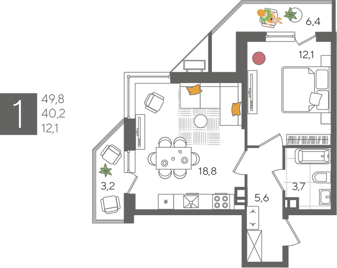 Продажа 1-комнатной квартиры 49,8 м², 4/24 этаж