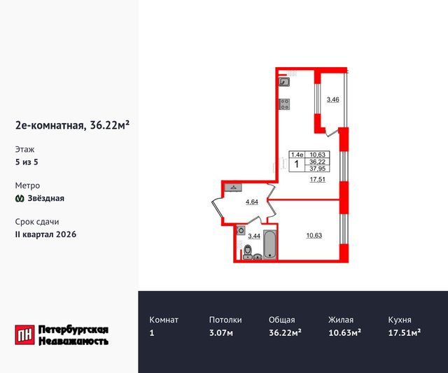 Продажа 1-комнатной квартиры 36,2 м², 5/5 этаж