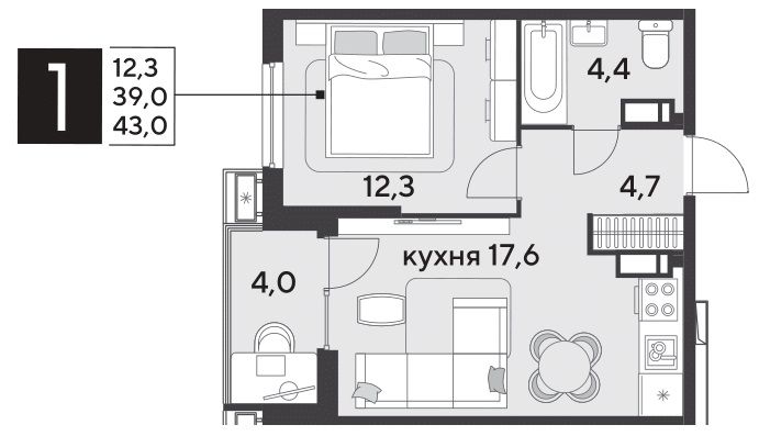 Продажа 1-комнатной квартиры 43 м², 13/18 этаж