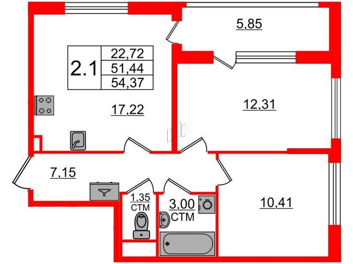 Продажа 2-комнатной квартиры 51,4 м², 1/4 этаж