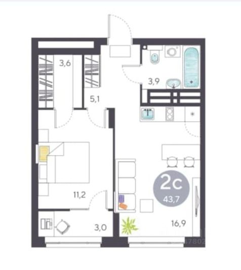 Продажа 2-комнатной квартиры 43,7 м², 8/17 этаж