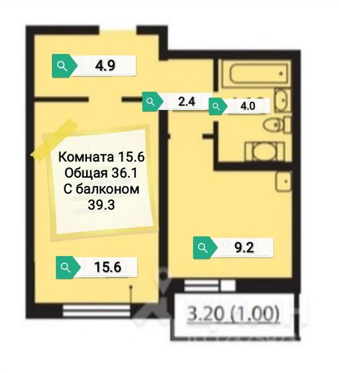 Продажа 1-комнатной квартиры 39,3 м², 2/23 этаж