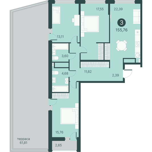Продажа 3-комнатной квартиры 155,8 м², 2/17 этаж