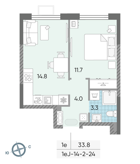 Продажа 1-комнатной квартиры 33,8 м², 23/24 этаж