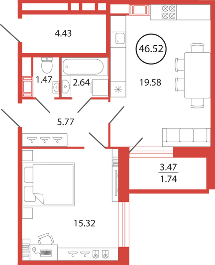 Продажа 1-комнатной квартиры 46,5 м², 3/12 этаж