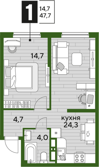 Продажа 1-комнатной квартиры 47,7 м², 14/16 этаж
