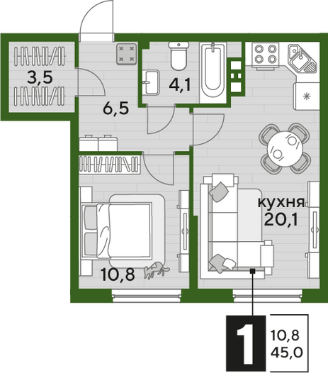 Продажа 1-комнатной квартиры 45 м², 3/16 этаж