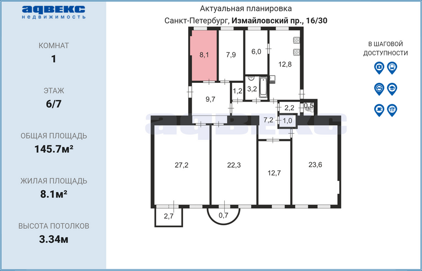 Продажа 1 комнаты, 8,1 м², 6/7 этаж