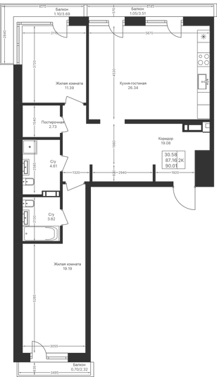 Продажа 2-комнатной квартиры 90 м², 6/10 этаж