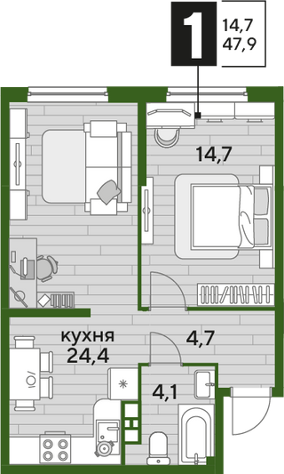 Продажа 1-комнатной квартиры 47,9 м², 5/16 этаж