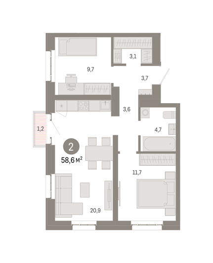 Продажа 2-комнатной квартиры 58,6 м², 11/16 этаж