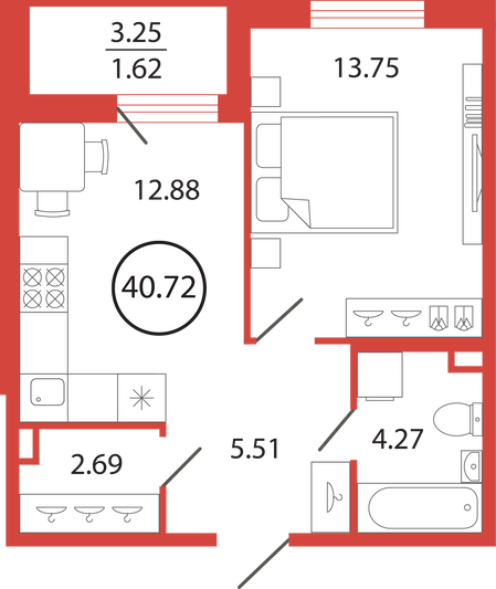 Продажа 1-комнатной квартиры 40,7 м², 3/12 этаж