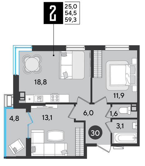 Продажа 2-комнатной квартиры 59,3 м², 6/16 этаж