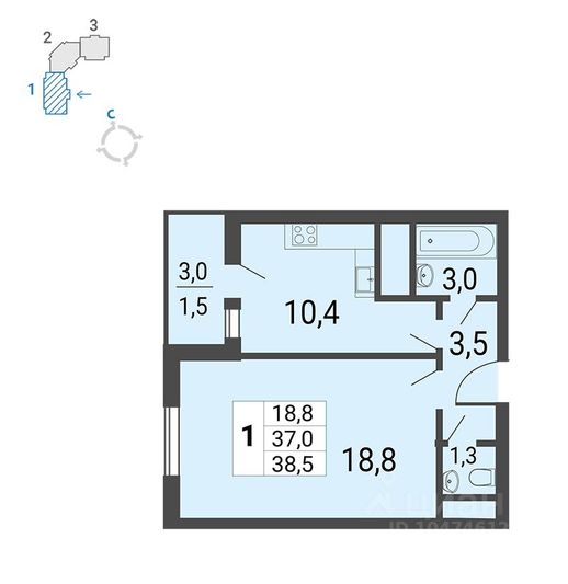 Продажа 1-комнатной квартиры 38,5 м², 24/25 этаж
