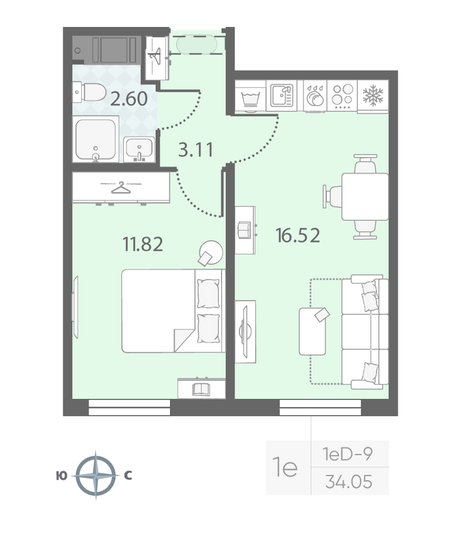 Продажа 1-комнатной квартиры 34 м², 4/23 этаж