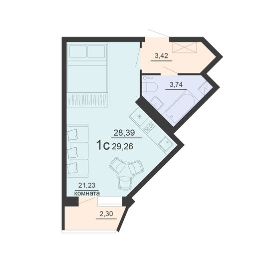 Продажа 1-комнатной квартиры 29,1 м², 3/20 этаж