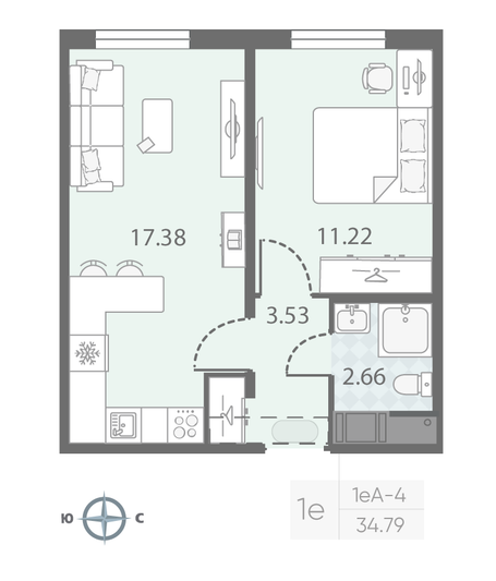 Продажа 1-комнатной квартиры 34,8 м², 15/23 этаж