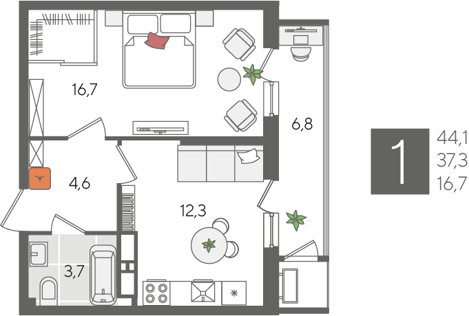 Продажа 1-комнатной квартиры 44,1 м², 22/24 этаж