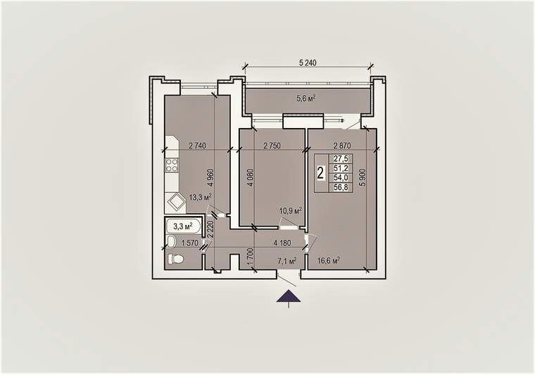 Продажа 2-комнатной квартиры 57 м², 5/10 этаж