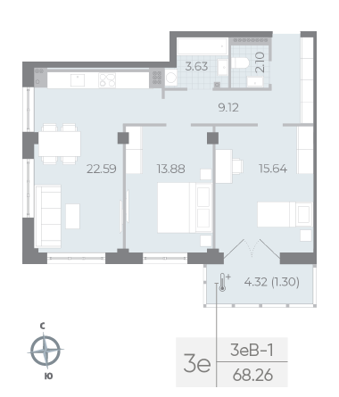 Продажа 2-комнатной квартиры 68,3 м², 7/8 этаж