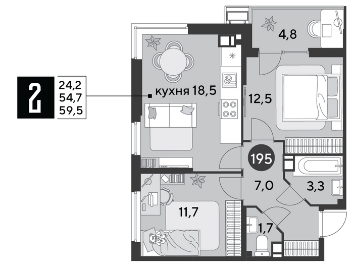 Продажа 2-комнатной квартиры 59,5 м², 4/9 этаж