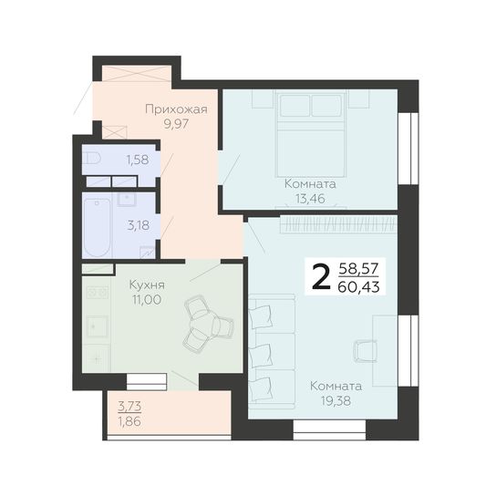 Продажа 2-комнатной квартиры 60,4 м², 4/18 этаж