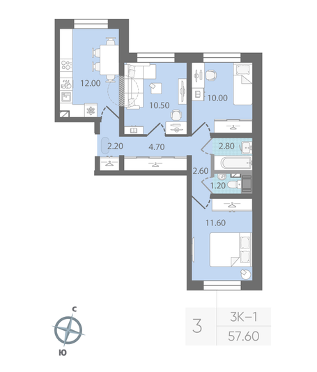 Продажа 3-комнатной квартиры 57,6 м², 3/25 этаж