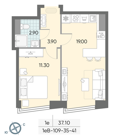 Продажа 1-комнатной квартиры 37,1 м², 38/58 этаж