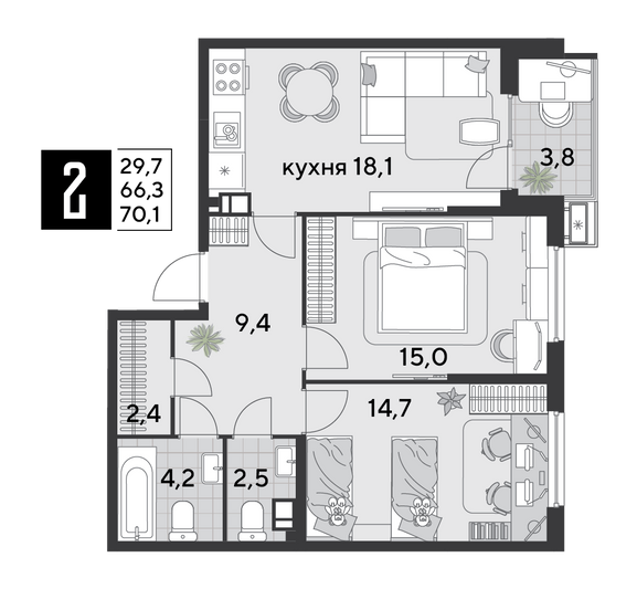 Продажа 2-комнатной квартиры 70,1 м², 7/9 этаж