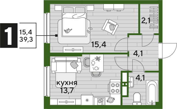 Продажа 1-комнатной квартиры 39,3 м², 14/19 этаж