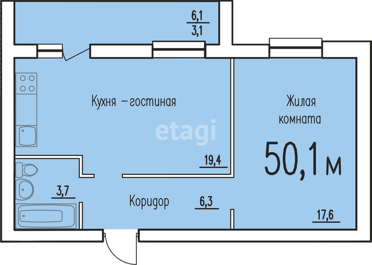 Продажа 1-комнатной квартиры 50,1 м², 3/3 этаж