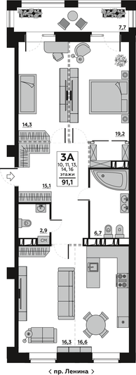 Продажа квартиры со свободной планировкой 95,2 м², 3/20 этаж