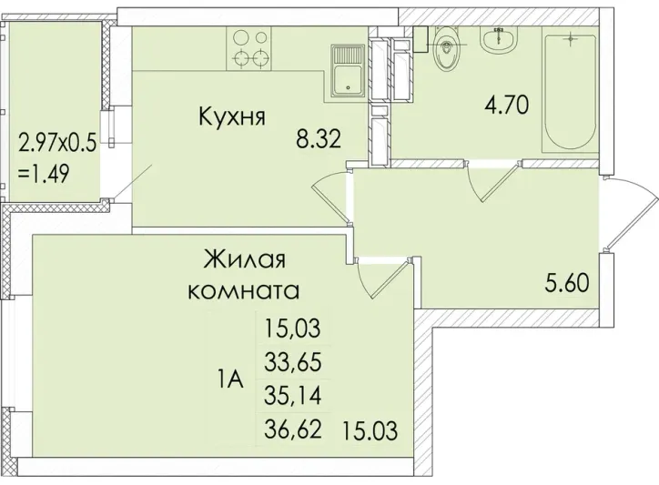 Продажа 1-комнатной квартиры 35,1 м², 2/20 этаж