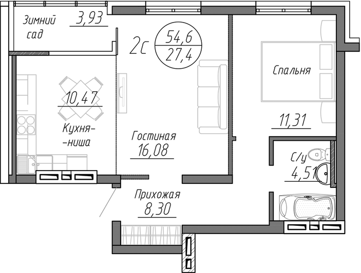 Продажа 2-комнатной квартиры 54,6 м², 23/25 этаж