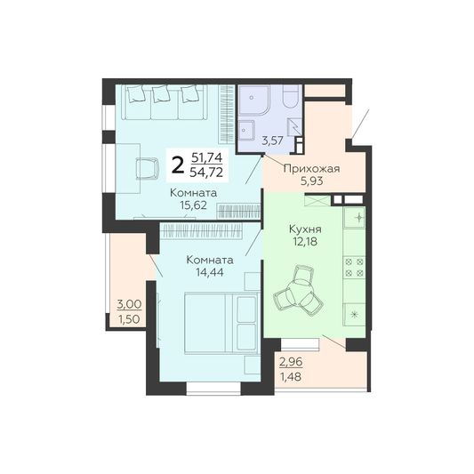 Продажа 2-комнатной квартиры 54,7 м², 3/18 этаж