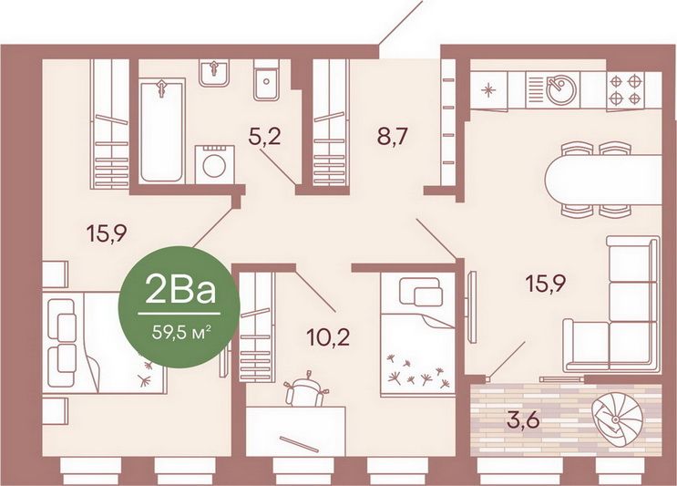 Продажа 2-комнатной квартиры 59,5 м², 1/17 этаж