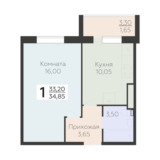 Продажа 1-комнатной квартиры 34,8 м², 3/18 этаж