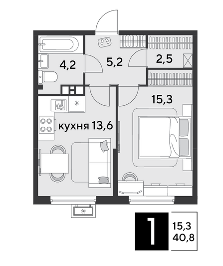Продажа 1-комнатной квартиры 40,8 м², 4/9 этаж