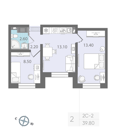 Продажа 2-комнатной квартиры 39,8 м², 5/25 этаж