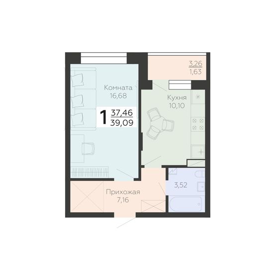 Продажа 1-комнатной квартиры 39,1 м², 3/18 этаж