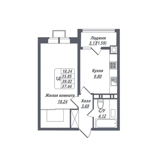 Продажа 1-комнатной квартиры 37,4 м², 6/8 этаж