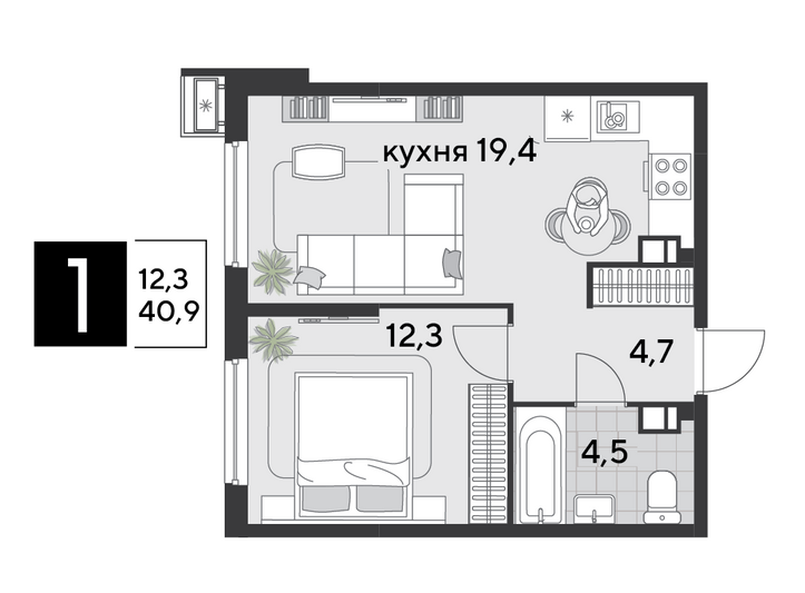 Продажа 1-комнатной квартиры 40,9 м², 7/9 этаж