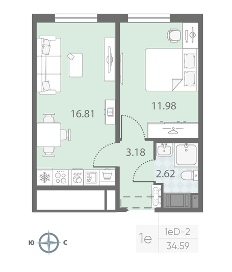 Продажа 1-комнатной квартиры 34,6 м², 14/23 этаж