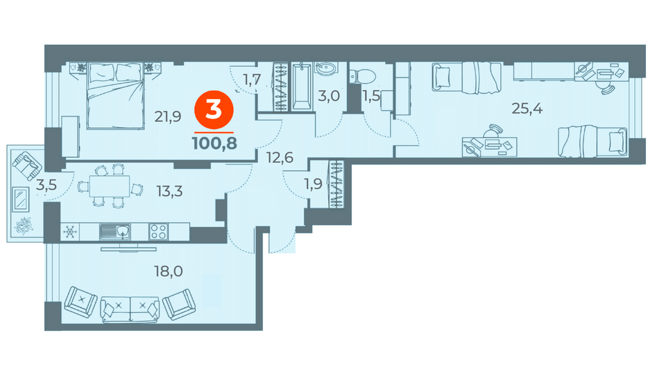 Продажа 3-комнатной квартиры 102,3 м², 1/19 этаж