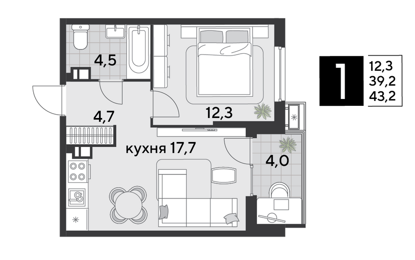 Продажа 1-комнатной квартиры 43,2 м², 5/18 этаж