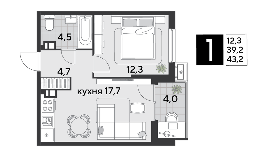 Продажа 1-комнатной квартиры 43,2 м², 8/18 этаж