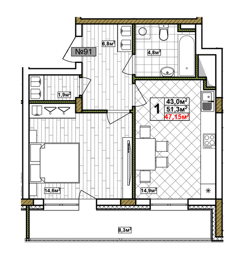 Продажа 1-комнатной квартиры 47,2 м², 14/17 этаж
